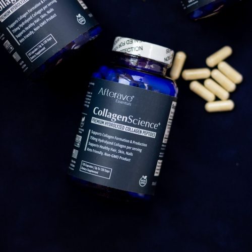 Premium hydrolyzed collagen peptides for skin health, shown with capsules on dark setup.