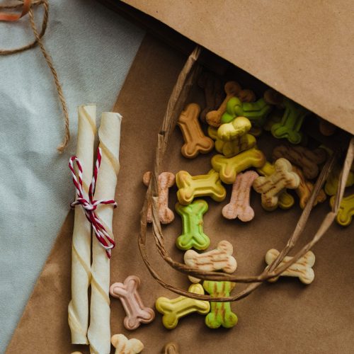 Aesthetic still life of colorful dog bone treats and rawhide chews spilling from a kraft paper bag, arrayed on a soft fabric.
